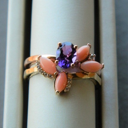 Custom Pink Coral and Amethyst Ring Set