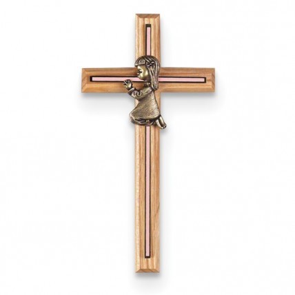 Gold-tone Praying Girl with Pink Inlay Oak Wall Cross