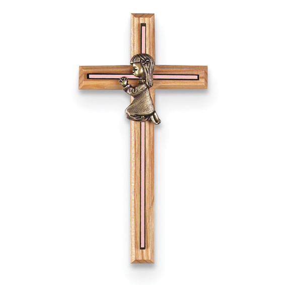 Gold-tone Praying Girl with Pink Inlay Oak Wall Cross